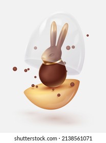 Realistic flying open gold egg box with glass dome and chocolate rabbit, bunny with bubbles. Happy Easter poster. Vector illustration for card, party, design, flyer, banner, web, advertising.