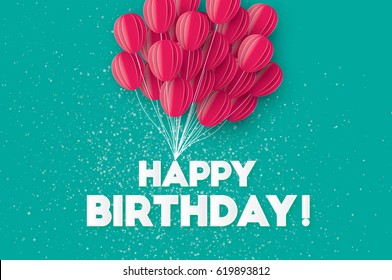 Realistic Flying Paper cut balloons. Colorful decoration for party, celebration, banner, card, gift. Pink Origami bunch baloons. Happy Birthday Greeting card. Vector Illustration.