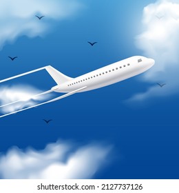 Realistic flying plane in blue sky vector. Realistic airplane in the blue sky with cloud background
