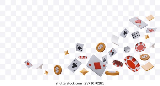 Cartas de juego voladoras realistas, chips rojos para póquer y cubos. Concepto de elementos del casino en línea para el afiche. Ilustración vectorial en estilo 3D con lugar para texto