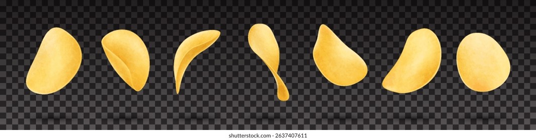 Realistic flying potato chips set isolated on transparent background. Crispy salted potato snack of different shapes.