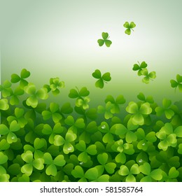 Realistic flying shamrock leaves with pure water drops background. Green irish symbol Good Luck. Vector clover pattern for Saint Patrick's Day holiday greeting card design