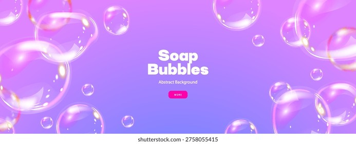Fondo de burbujas de jabón volador realista. Gota de agua redondeada de volumen brillante. Forma líquida de vidrio 3D con efecto holográfico. Ilustración vectorial. 