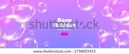 Realistic flying soap bubbles background. Glossy volume rounded aqua droplet. 3D glass liquid shape with holographic effect. Vector illustration. 