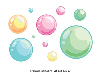 Realistic flying soap bubbles flat vector illustration set white background