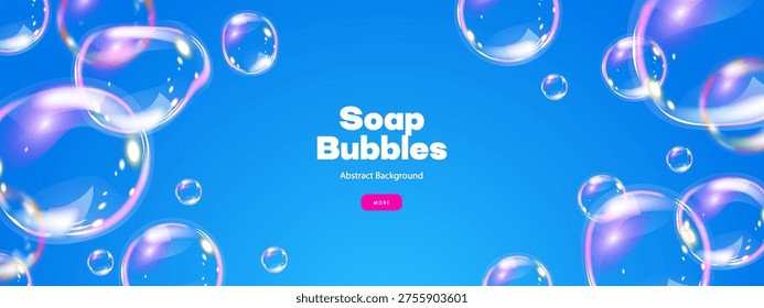 Realistic flying soap bubbles. Glossy volume rounded aqua droplet. 3D glass liquid shape with holographic effect. 3D vector illustration. 