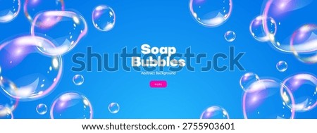 Realistic flying soap bubbles. Glossy volume rounded aqua droplet. 3D glass liquid shape with holographic effect. 3D vector illustration. 
