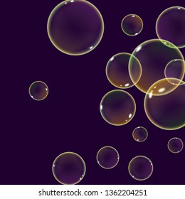 Realistic flying soap bubbles with rainbow sparkling reflection. Vector illustration on a dark background.