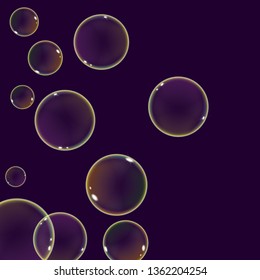 Realistic flying soap bubbles with rainbow sparkling reflection. Vector illustration on a dark background.