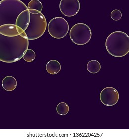 Realistic flying soap bubbles with rainbow sparkling reflection. Vector illustration on a dark background.