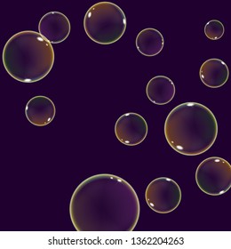Realistic flying soap bubbles with rainbow sparkling reflection. Vector illustration on a dark background.