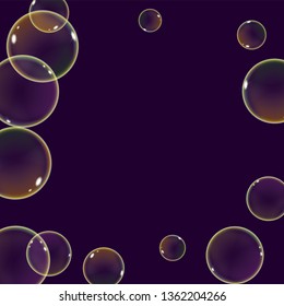 Realistic flying soap bubbles with rainbow sparkling reflection. Vector illustration on a dark background.