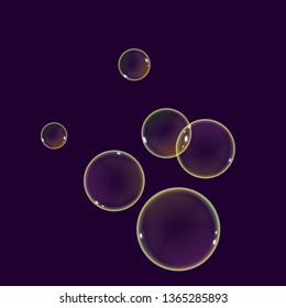 Realistic flying soap bubbles with rainbow sparkling reflection. Vector illustration on a dark background.