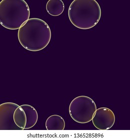 Realistic flying soap bubbles with rainbow sparkling reflection. Vector illustration on a dark background.