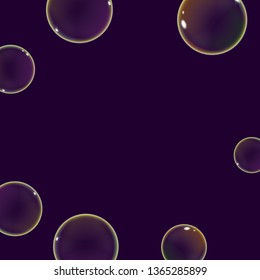 Realistic flying soap bubbles with rainbow sparkling reflection. Vector illustration on a dark background.