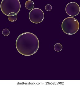 Realistic flying soap bubbles with rainbow sparkling reflection. Vector illustration on a dark background.