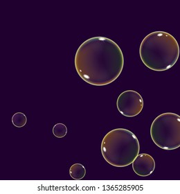 Realistic flying soap bubbles with rainbow sparkling reflection. Vector illustration on a dark background.