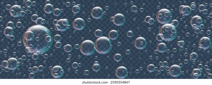 Realistic flying soap bubbles. Underwater air. Oxygen balls isolated on a transparent background. Foaming shampoo or shower gel. Sea foam. Vector illustration