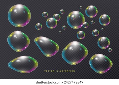 Realistic Flying Soap bubbles. Vector illustration in 3D style