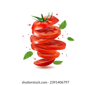 Cortes de tomate volador realistas con hojas verdes, vector aislado para paquete de comida. Anillos de tomate en rodajas con gotas en movimiento para el zumo de tomate, la salsa o el ketchup y el envasado de productos vegetales