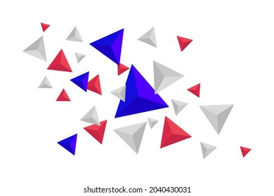 Realistic Flying Triangles. Blue Red and Gray Geometric Shapes Abstract Background Vector