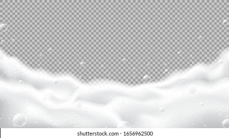 Realistic foam isolated on checkered background. White foam of soap, gel or shampoo with bubbles. Vector illustration.