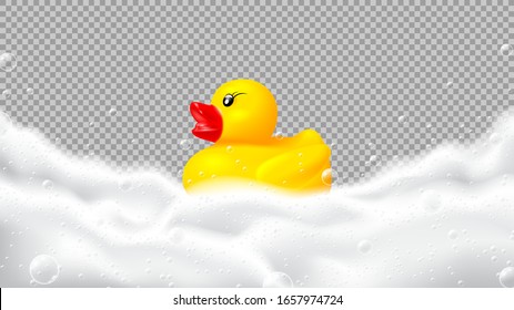 Realistic foam and rubber duck isolated on checkered background. White foam of soap, gel or shampoo with bubbles. Vector illustration with yellow bath toy.