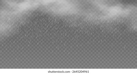 Realistic fog effect with heavy rain on a transparent background. Misty clouds and raindrops for dramatic stormy weather scene. Template for seasonal illustrations or atmospheric overlays. Vector.