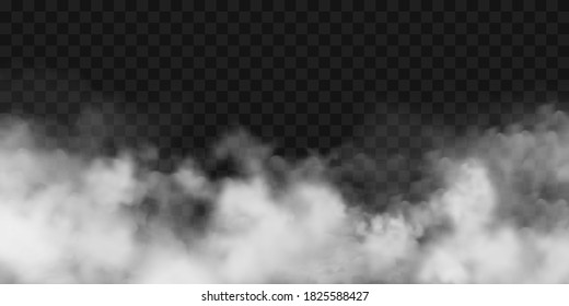  Realistic fog, mist effect. Smoke on dark background. Vector vapor in air, steam flow. Clouds.