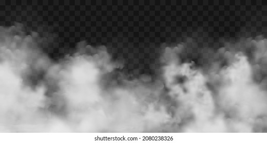  Realistic fog, mist effect. Smoke on dark background. Vector vapor in air, steam flow. Clouds.