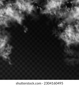 Realistic fog, mist effect. Smoke on dark background. Vector vapor in air, steam flow. Clouds.
