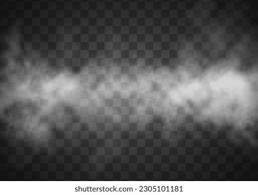 Realistic fog, mist effect. Smoke on dark background. Vector vapor in air, steam flow. Clouds.