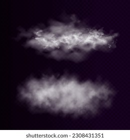 Realistic fog, mist effect. Smoke on dark background. Vector vapor in air, steam flow. Clouds.