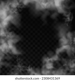 Realistic fog, mist effect. Smoke on dark background. Vector vapor in air, steam flow. Clouds.