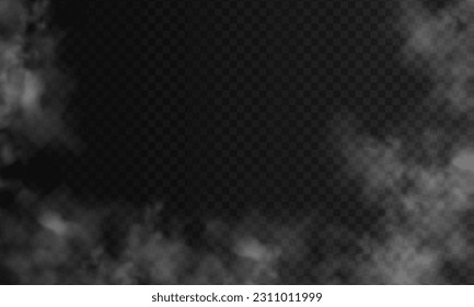 Realistic fog, mist effect. Smoke on dark background. Vector vapor in air, steam flow. Clouds.