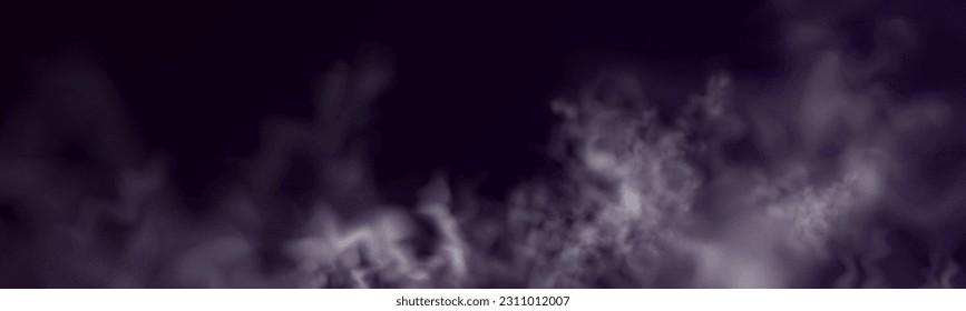 Realistic fog, mist effect. Smoke on dark background. Vector vapor in air, steam flow. Clouds.