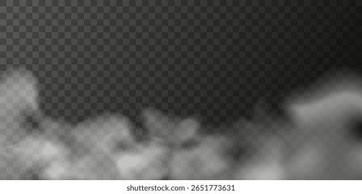 Fundo realista de nevoeiro e fumaça. Efeito de nuvem nebulosa, vapor branco, sobreposição de névoa para banner, poster, web design 