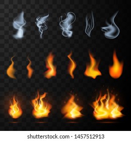 Realistic Fog, smoke, fire flames set isolated on transparent background. Special effect mist, vapor or smog, burning light collection for design and decoration. Vector illustration