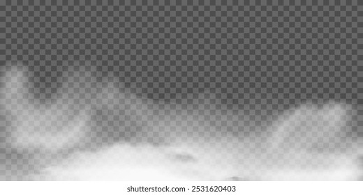 Realistic fog or smoke overlay effect on a transparent background.Vector illustration of mist, smog background