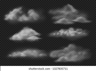 Realistic fog  Steam fogs clouds  smoke cloud   water vapor mist  Smoky air  fog shape sky motion  3d vector illustration isolated icons set