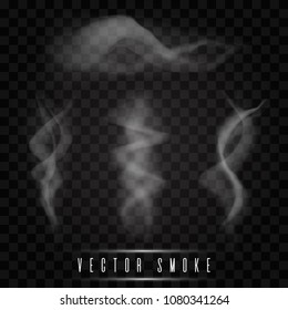 Realistic fog.Smoke vector collection, isolated, transparent background. Delicate white cigarette smoke waves on transparent background vector illustration.