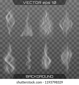 Realistic fog.Smoke vector collection, isolated, transparent background. Delicate white cigarette smoke waves on transparent background vector illustration.