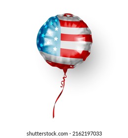 Realistic foil balloon with ribbon in American, USA color, red, blue, white, isolated on white background. Vector illustration for card, party, design, flyer, poster, decor, banner, web, advertising.