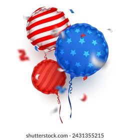 Realistic foil balloon with serpentine in American, USA color and text 4th of July, isolated on white background. Vector illustration for card, party, design, flyer, poster, banner, web, advertising