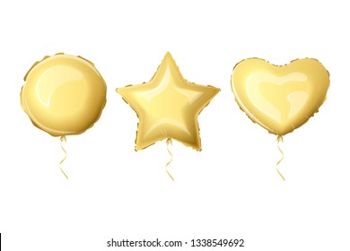 Realistic foil balloons golden color. Set helium foil balloons of different shapes. Metallic air balloons in the form of a heart, a circle, a star. Vector illustration.