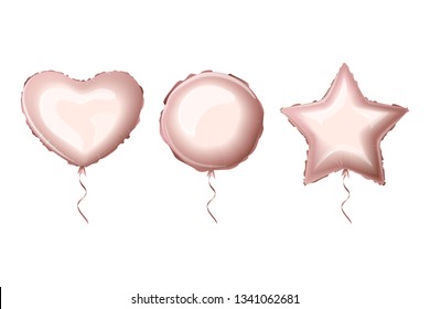 Realistic foil balloons pink gold color. Set helium foil balloons of different shapes. Metallic air balloons in the form of a heart, a circle, a star. Vector illustration.