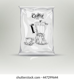 Realistic foil  pack on grey background for your design and branding. Mockup foil food pack for coffee and other products