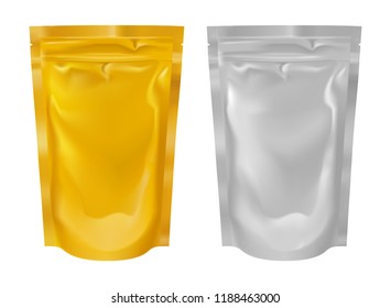 Realistic foil pouch collection set golden and silver colors, vector illustration and design.
