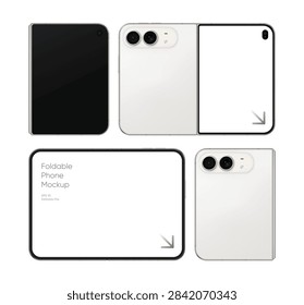 Realistic foldable smartphone mockup vector. Modern flip folding iphone with dual camera design. iPhone Duo screen display templates, mobile technology. Editable digital device design projects.