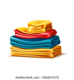 Realistic folded apparel, or towel pile. Colourful tshirts folded after washing. Fresh cotton clothing stack. Vector laundry service design. Soft material bath towels
